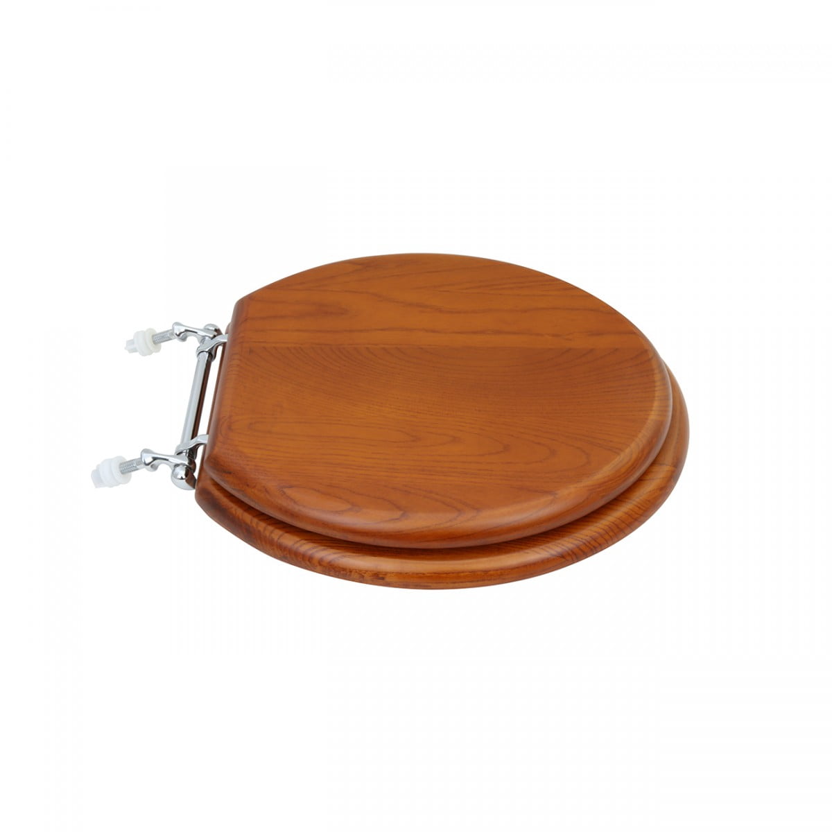Wooden Round Toilet Seat in Light Mahogany Finish w/Chrome Hinges Easy Clean Wood Toilet Seats w/Soft Bumper Stabilizers | Renovators Supply