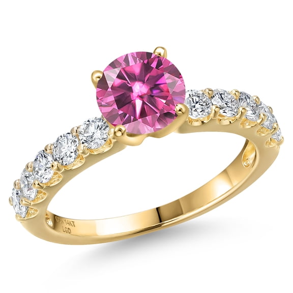 Gem Stone King 14K Yellow Gold Pink Moissanite and Lab Grown Diamond Engagement Ring for Women | 1.45 Cttw | Round 6MM | Gemstone Birthstone | Size 7