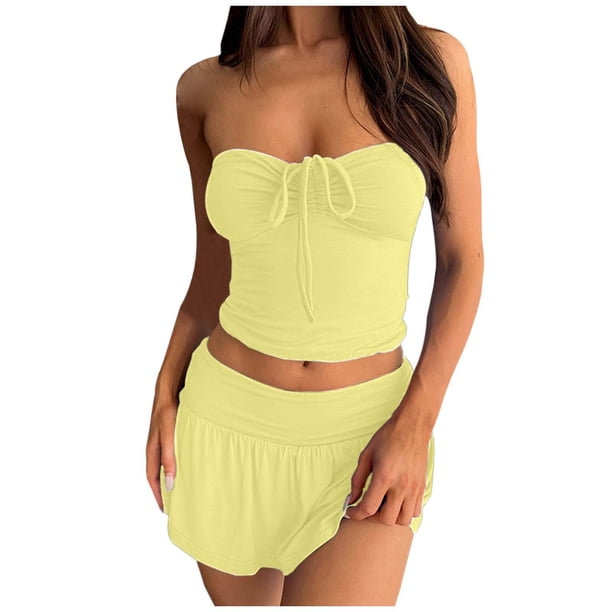 Conjunto elegante de dos piezas para mujer: top sin tirantes con falda plisada asimétrica de doble capa