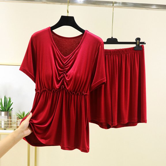 Wyongtao Women's Pajamas Sets Short Sleeve with Chest Pad Soft Sleepwear V-neck 2 Piece Pjs Shorts Loung Set,Wine XL