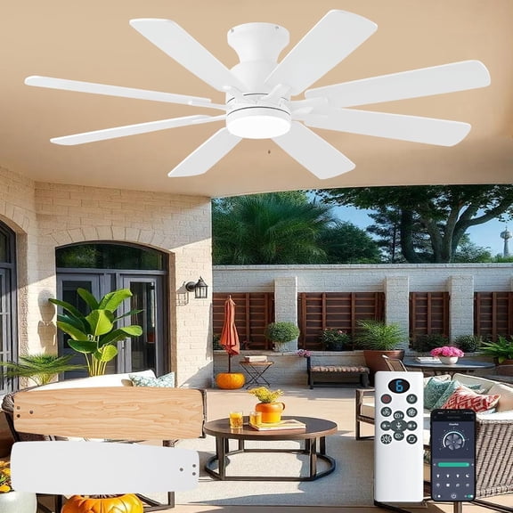 52Inch White Ceiling Fan, Low Profile Ceiling Fans with Lights and Remote/APP Control, 8 Blades, Noiseless, DC Motor, Flush Mount Ceiling Fan for Bedroom Living Room, Indoor/Outdoor Use.