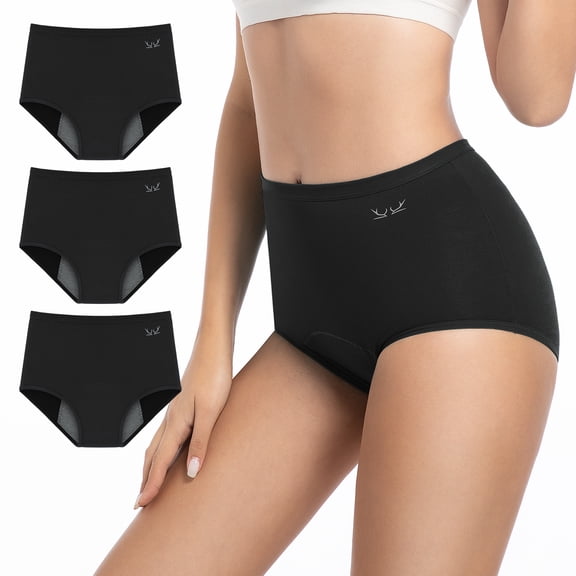 PULIOU Cotton Underwear for Women, High Waisted Full Coverage Panties, Soft Breathable Stretch Briefs, 3-Pack (Black, L)