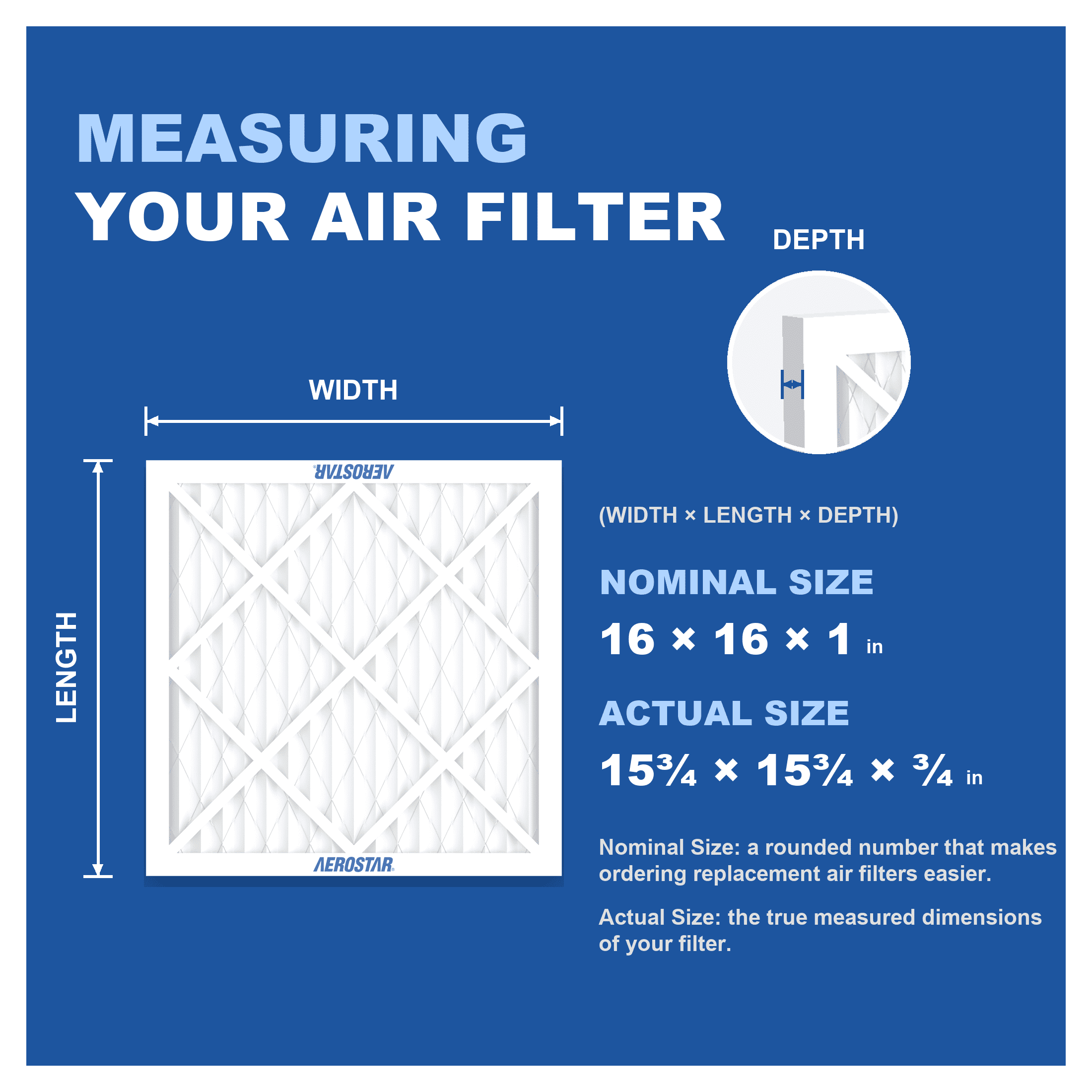 Aerostar 16x16x1 MERV 8 Air Filter, Pleated AC Furnace HVAC, Dust Pollen Pet Dander, 4 Pack