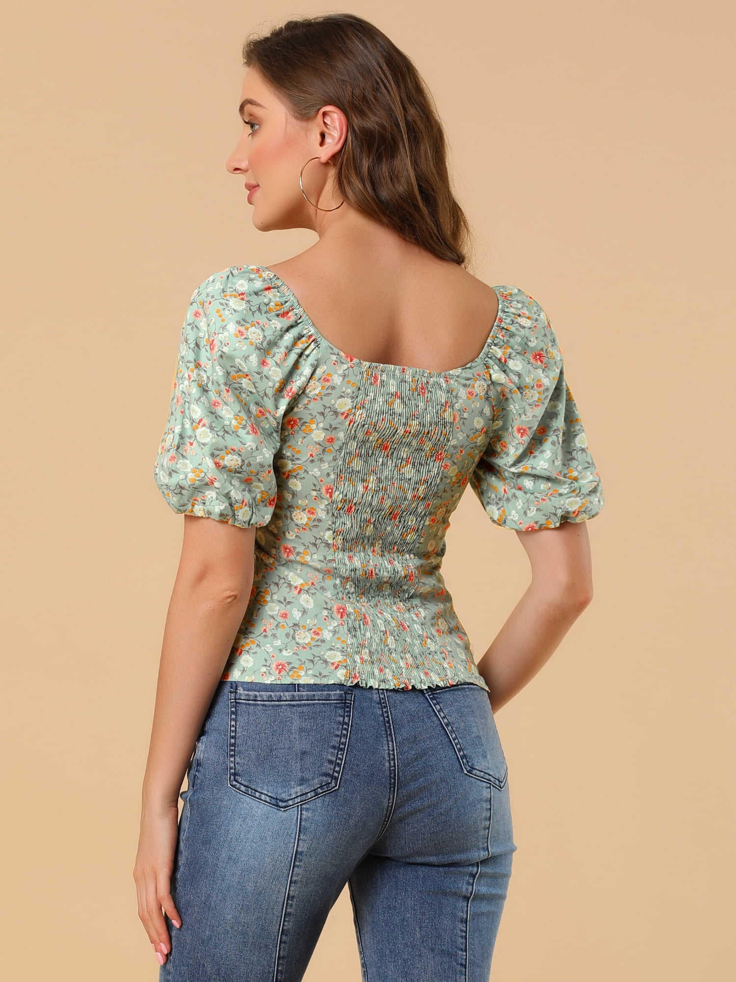 DARING DIVA Puff Sleeve Sweetheart Neck Smocked Floral Top XL Green