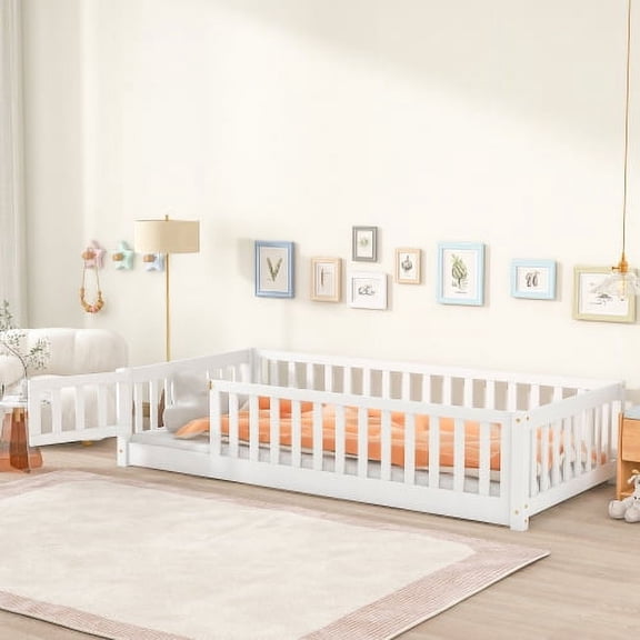 Twin Size Floor Bed with Fence and Door, Wood Platform Bed with Wood Slats Support, for Kids Boys Girls, Easy Assembly, White