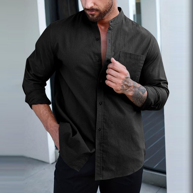 Blusa y camisa de manga larga con cuello alto para hombre, de verano, de color liso, de manga larga, con solapa y botones, estilo cárdigan, con bolsillo, blusa de moda, camisa de poliéster para hombre