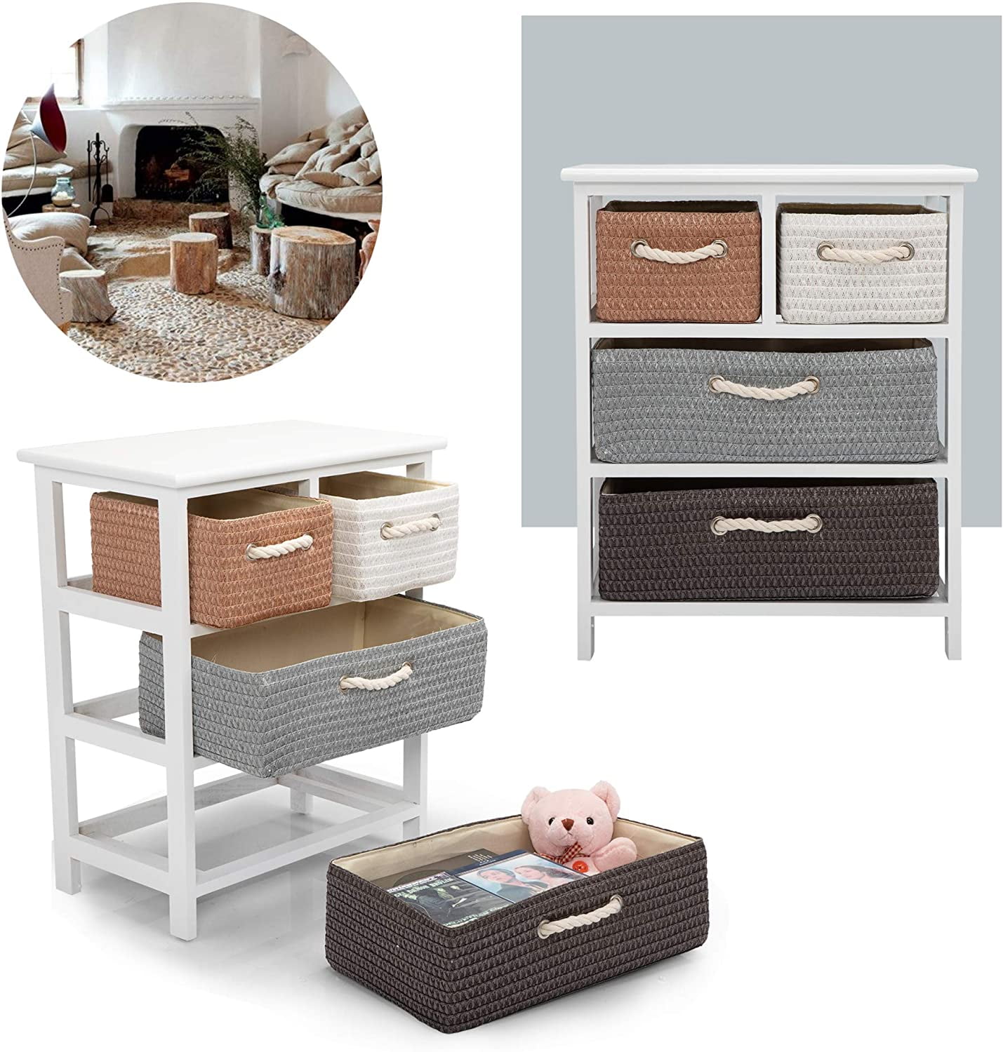 Lowestbest Wood Nightstand, Storage Table with 4 Woven Basket, Storage Unit Rack Shelf, White Lowestbest Wood Nightstand, Storage Table with 4 Woven Basket, Storage Unit Rack Shelf, White