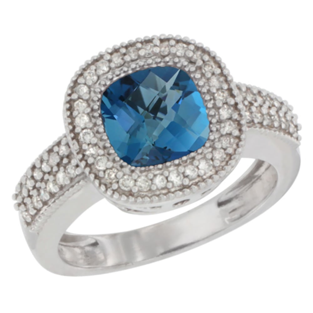 10K White Gold Natural London Blue Topaz Ring Cushion-cut 7x7mm Diamond Accent, sizes 5-10 by WorldJewels