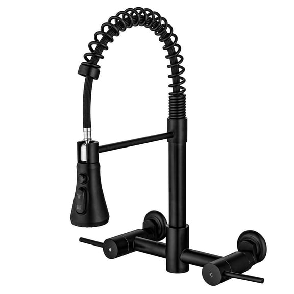 Wall Mount Kitchen Faucet, 8 Inch Center Wall Mount Kitchen Sink Faucet with Pull Down Sprayer Commercial, Matte Black