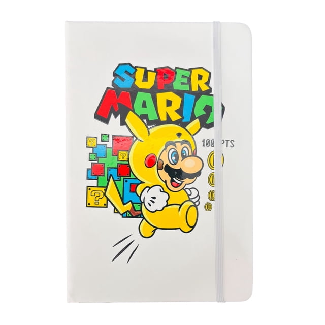 Libreta estilo francés blanca con hojas rayadas, Mario Bros , mide 14 cm de ancho por 21 cm de largo.