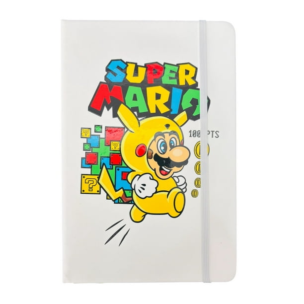 Libreta estilo francés blanca con hojas rayadas, Mario Bros , mide 14 cm de ancho por 21 cm de largo.