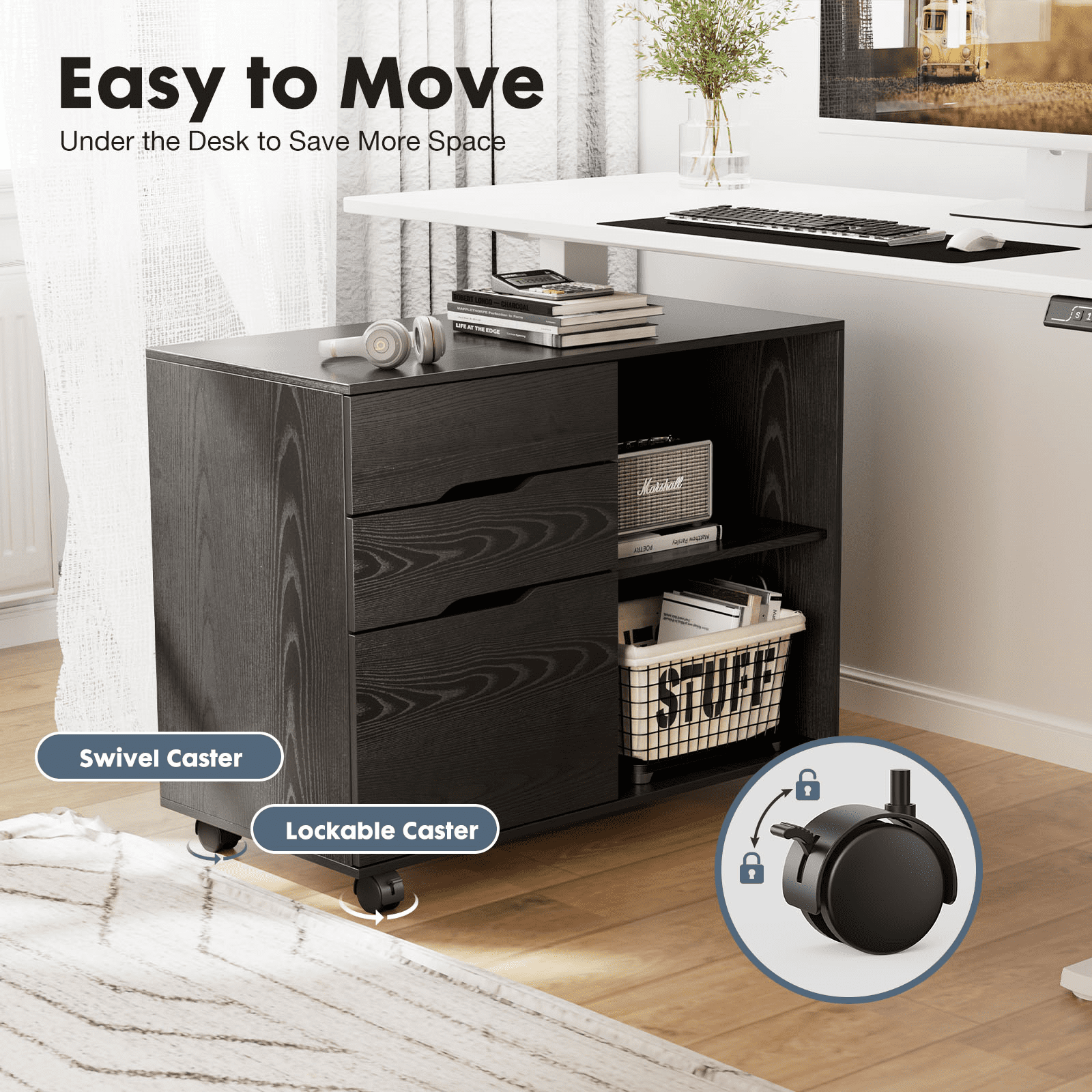 Gianna 3 Drawer File Cabinet with Wheels and Open Storage Shelves for Home Office, Black