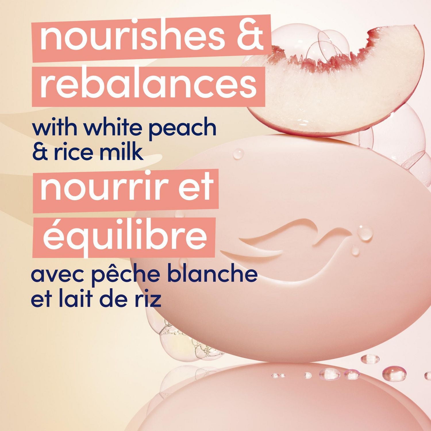 Dove Pain de Beauté Nettoyant Doux hydrate pour aider à rééquilibrer la peau Pêche et Lait de Riz avec 1/4 de crème hydratante,