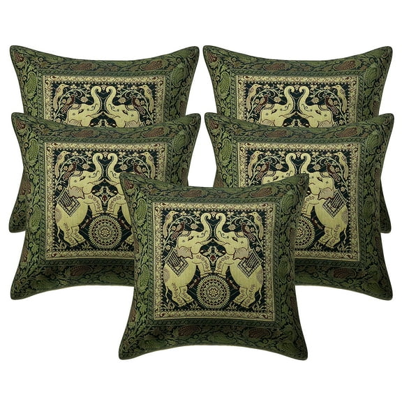 Stylo Culture Ethnic Sofa Throw Pillow Covers 16x16 Jacquard Dark Green Square 40x40 cm Living Room Decor Brocade Elephant Zippered Cushion Covers | Set Of 5