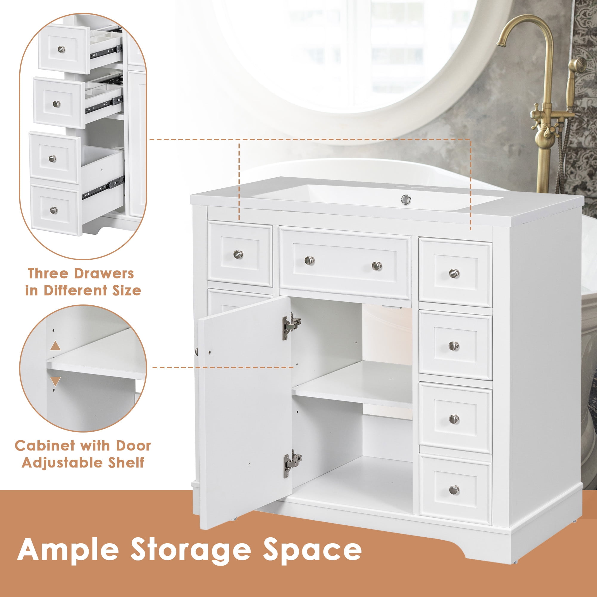 EUROCO 36" Bathroom Vanity Base Only,Bathroom Vanity Without Top Sink, Modern Freestanding Bathroom Storage Cabinet with 6 Drawers, Solid Wood Frame,White