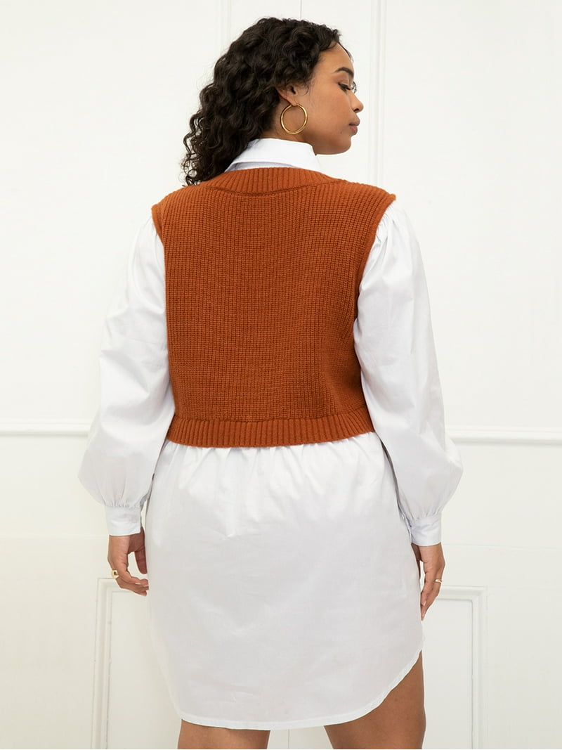 shirt dress with knit vest Cropped sweater vest and shirt dress