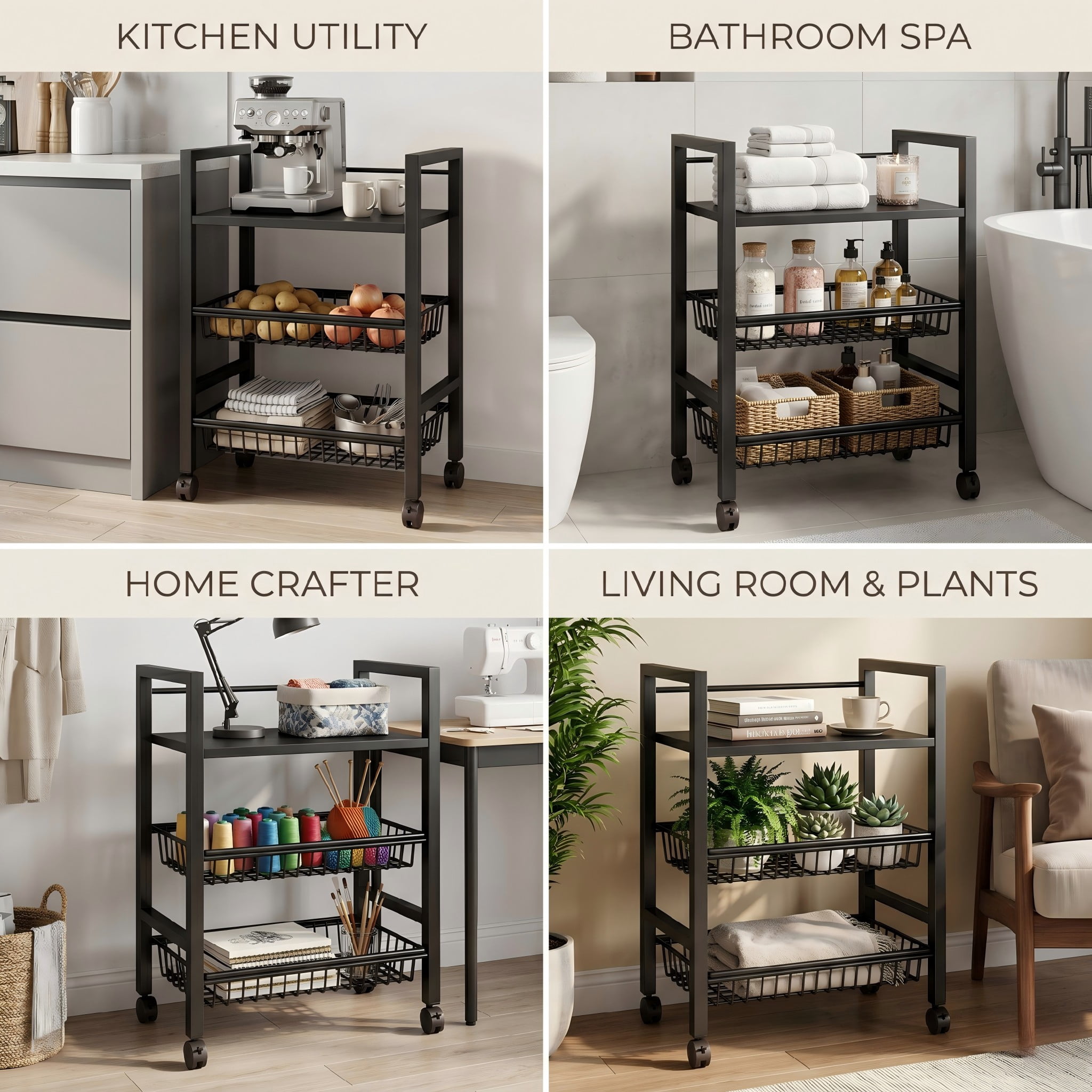 Rolling Kitchen Storage Cart with Shelves and Baskets, Mobile Pantry Organizer for Kitchen, Coffee Station and Small Spaces, Multiple Styles Available