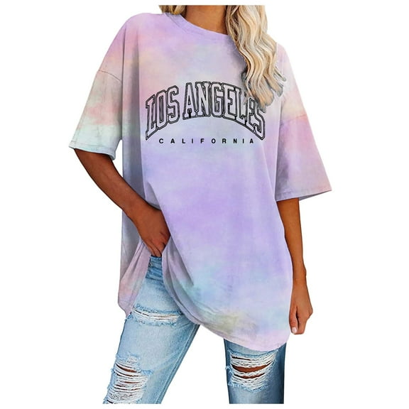 Womens Plus Size T Shirts Fashion Los Angeles Tie Dye Graphic Printed Short Sleeved Tops Summer Casual Trendy Loose Fit Tee Blouses