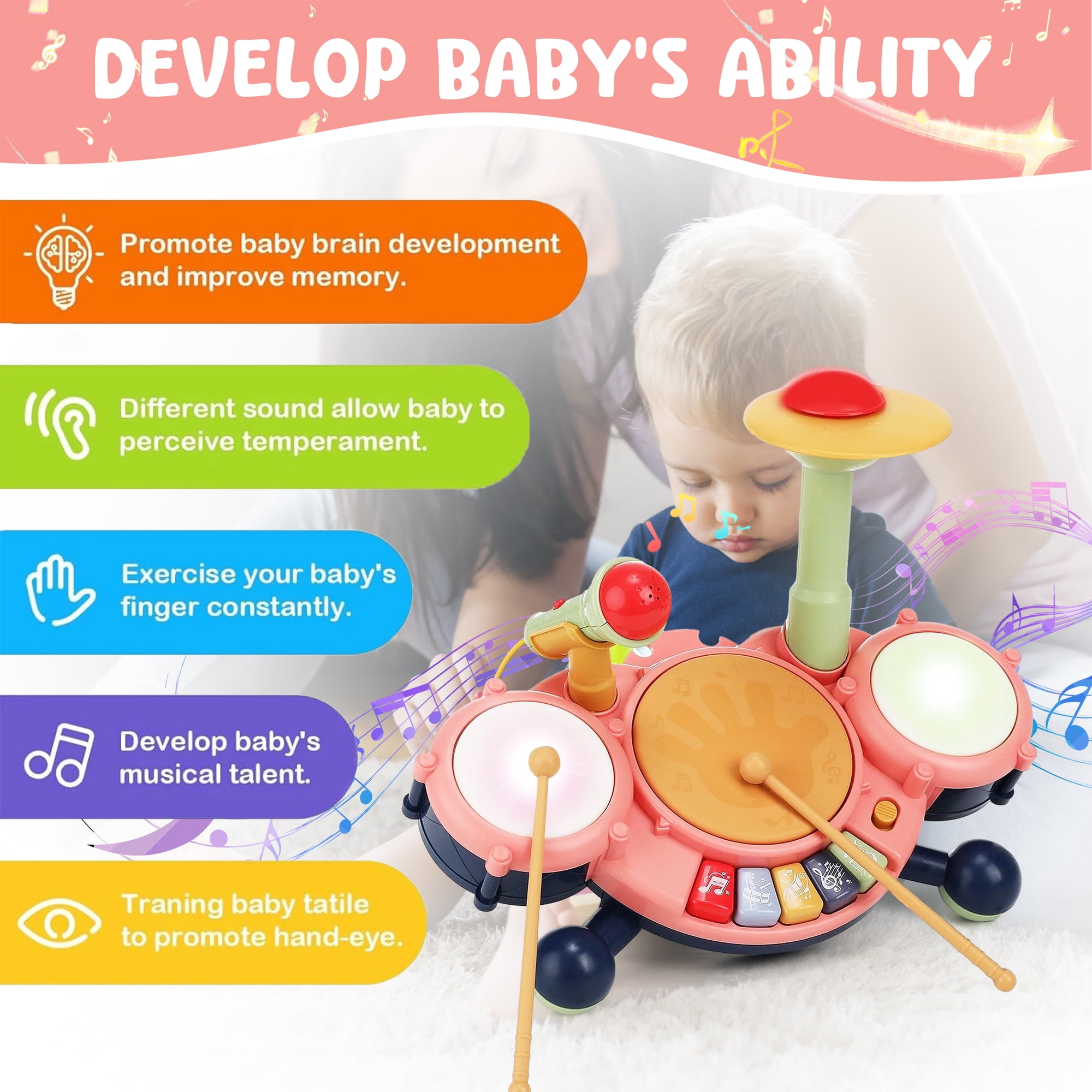 JUGAAD LIFE Drum Set for Toddler Kids, Baby Drum Set Toys Gift for 1 2 3 Year Old, Musical Instruments Learning Toys with 2 Drumsticks and Microphone (Pink)