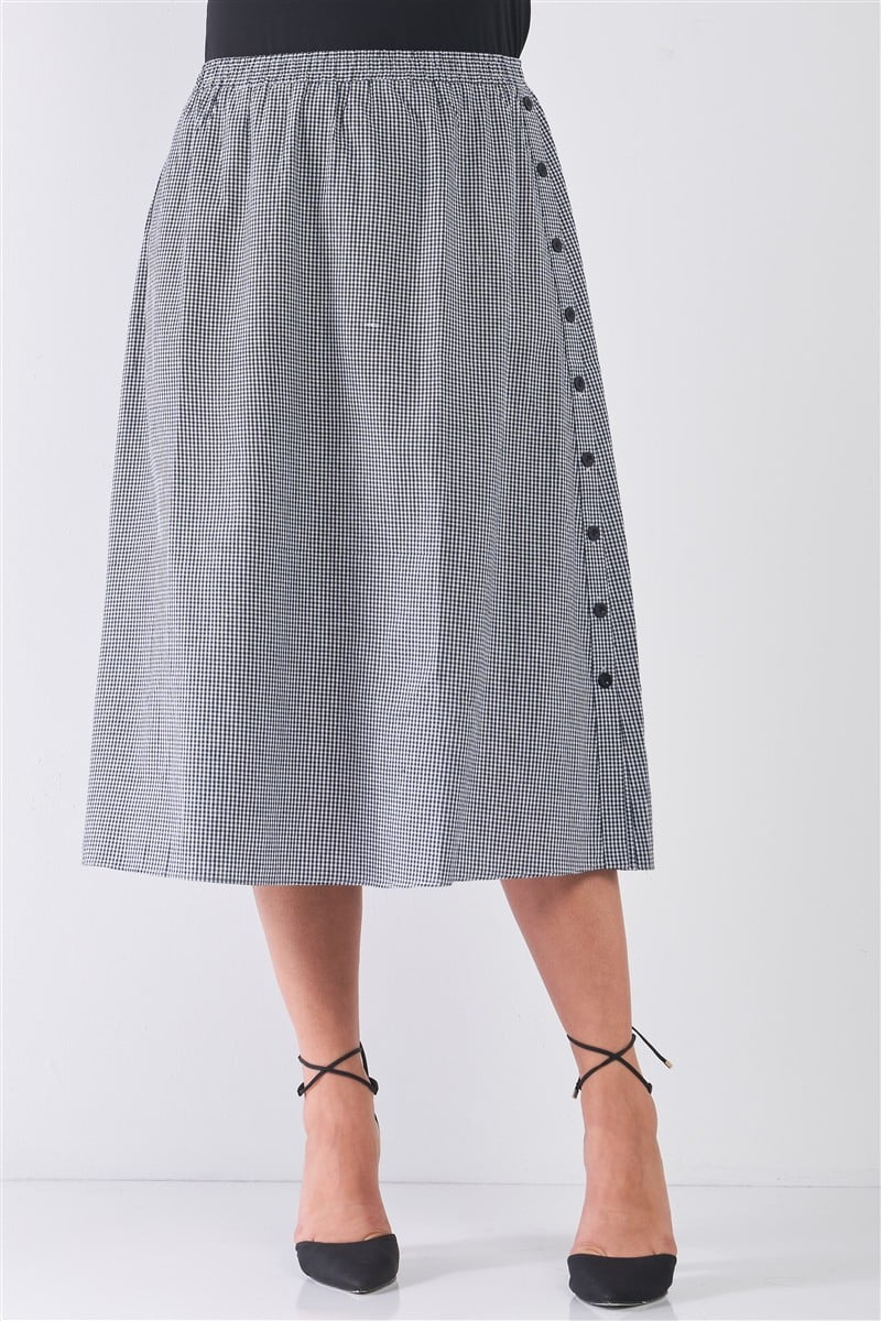Plus Size Black Gingham Print Side Button Skirt -