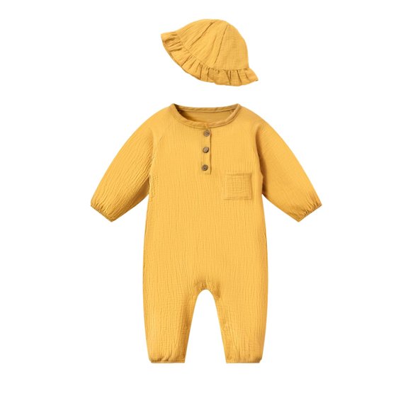 Fesfesfes Baby Summer Long Sleeve 1 Piece Romper with Hat Soft Breathable Gauze Outfit Solid Color Jumpsuit for Boys and Girls Daily Wear Photoshoot Cozy Casual Set