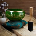thumbnail image 4 of Ajuny Tibetan Buddhist Brass Singing Bowl - Arrow Design Green OM Bell Meditation Sound - 4 inch Diameter for Relaxation and Meditation Accessories - Stick and Cushion Included, 4 of 7