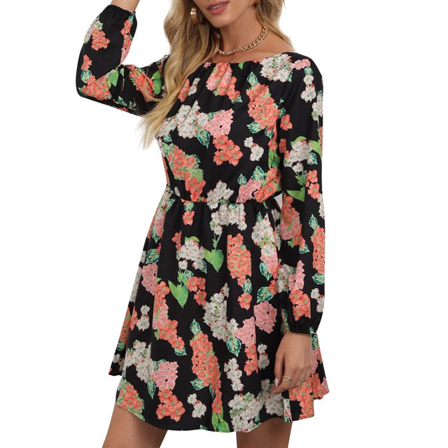 Vestido a media pierna elegante informal de manga larga con cuello redondo y estampado floral de mod Abanopi Grande