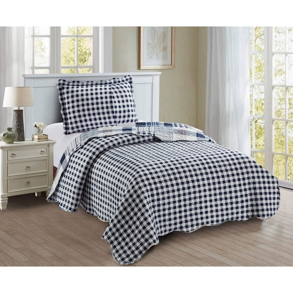 Blue Plaids and Stripes Patchwork, 2-Piece Quilt Set with 1 Sham, Reversible Bedspread, Soft Lightweight Coverlet, All-Season, Twin, Blue