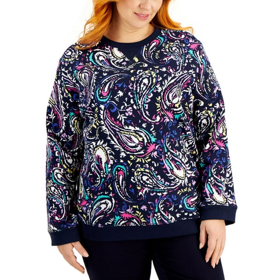 Karen Scott Plus Size Jane Paisley Print Crewneck Top Intrepid Blue 0X