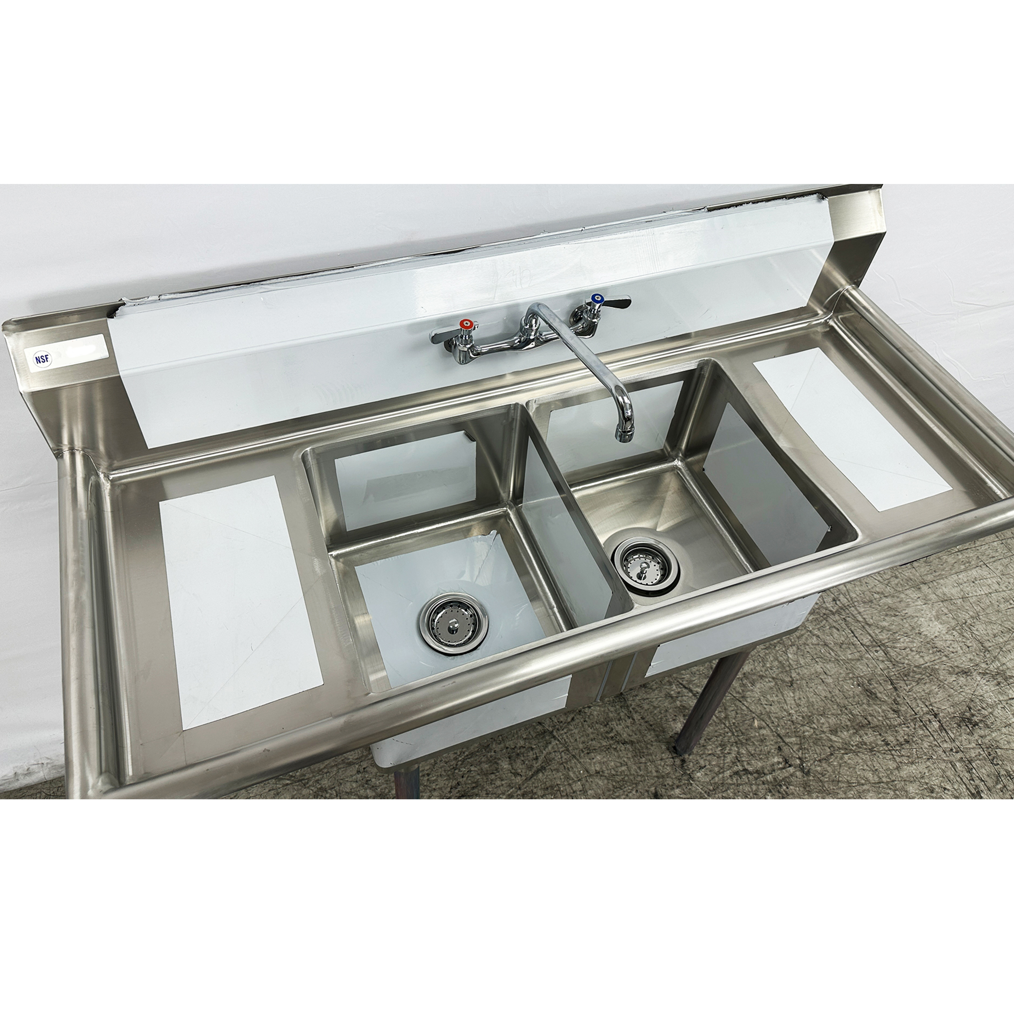 NSF 14 in. 2 Compartment Commercial Kitchen Sink, with Drainboards Free Standing Double Bowl Kitchen Prep & Utility Sink