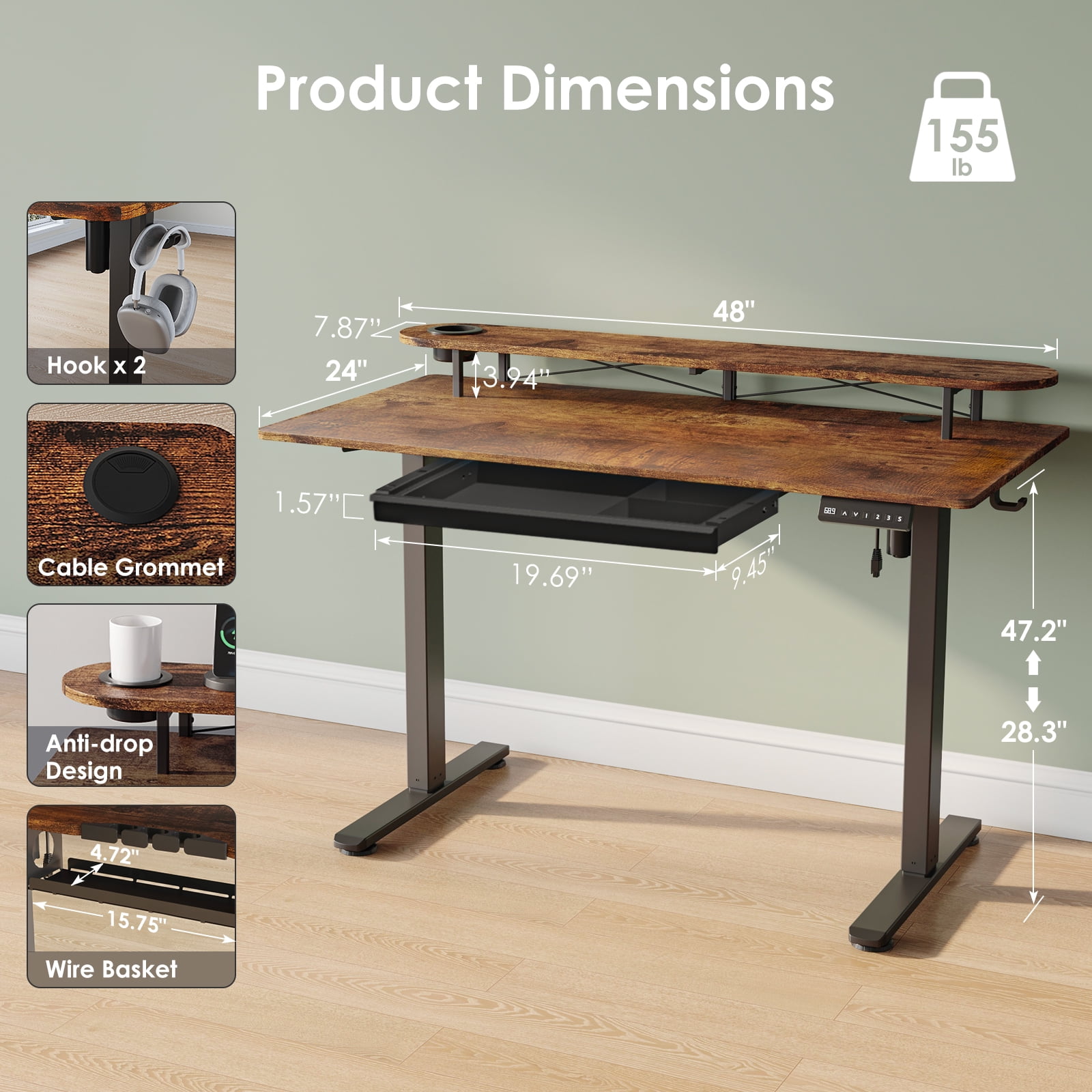 Erinnyees Electric Standing Desk with Drawer & Cup Holder, 48" x 24" Adjustable Height Sit Stand Computer Desk with Splice Board for Home Office