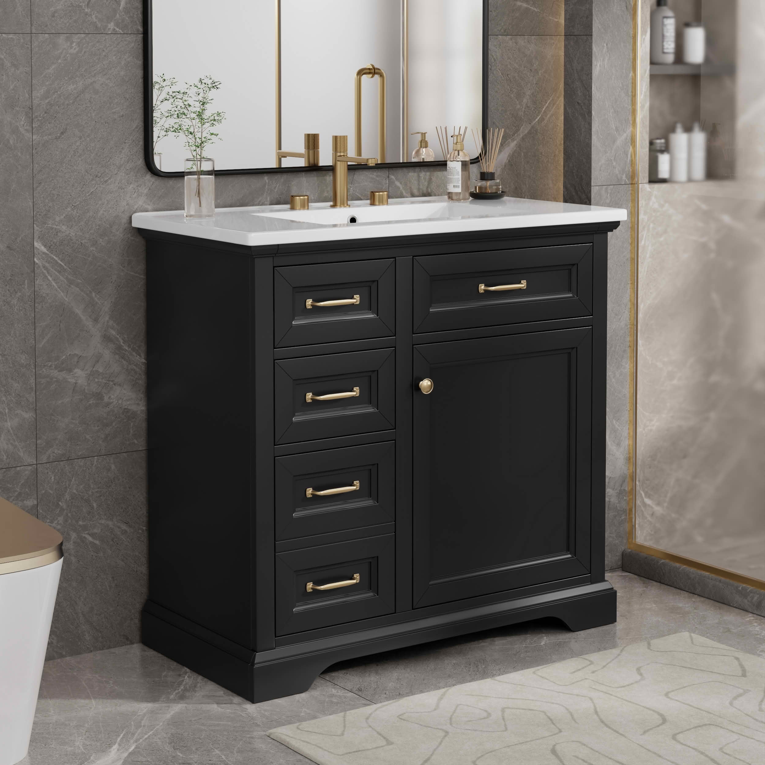 MAYEERTY 36" Bathroom Vanity Ceramic Sink Top 4 Drawers 1 Soft-Close Door Freestanding Metal Handles Black