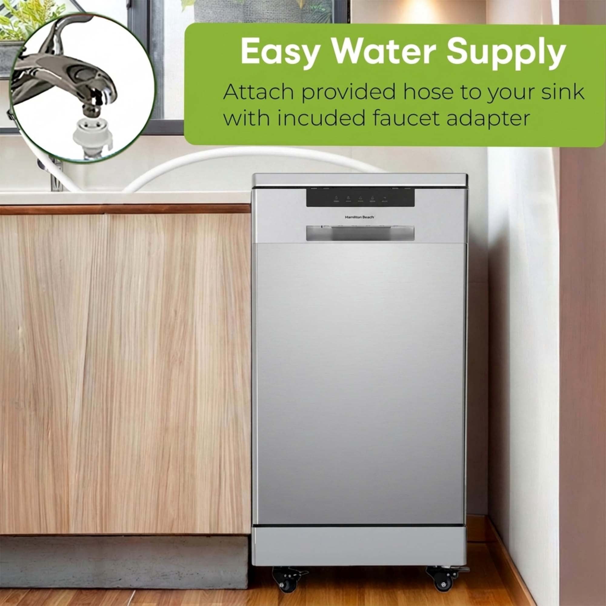 Hamilton Beach 8 Place Setting 18" Portable Dishwasher for Kitchen, RV, or Apartment with Quick Faucet Connection, 6 Wash Cycles, and Rolling Caster Wheels, Stainless Steel