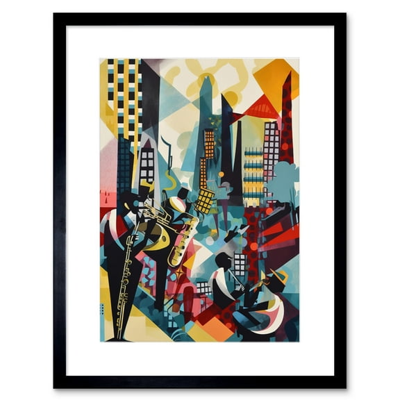 Jazz Musicians Playing on an Urban Landscape Rooftop Abstract Modern Watercolour Illustration Artwork Framed Wall Art Print 9X7 Inch
