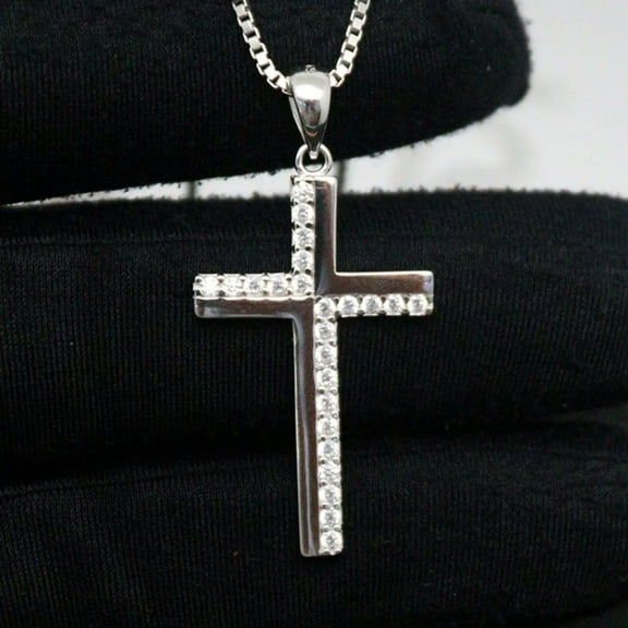 HOOUN Real Solid 925 Sterling Silver Men Women Lucky Zircon Glossy Cross Pendant