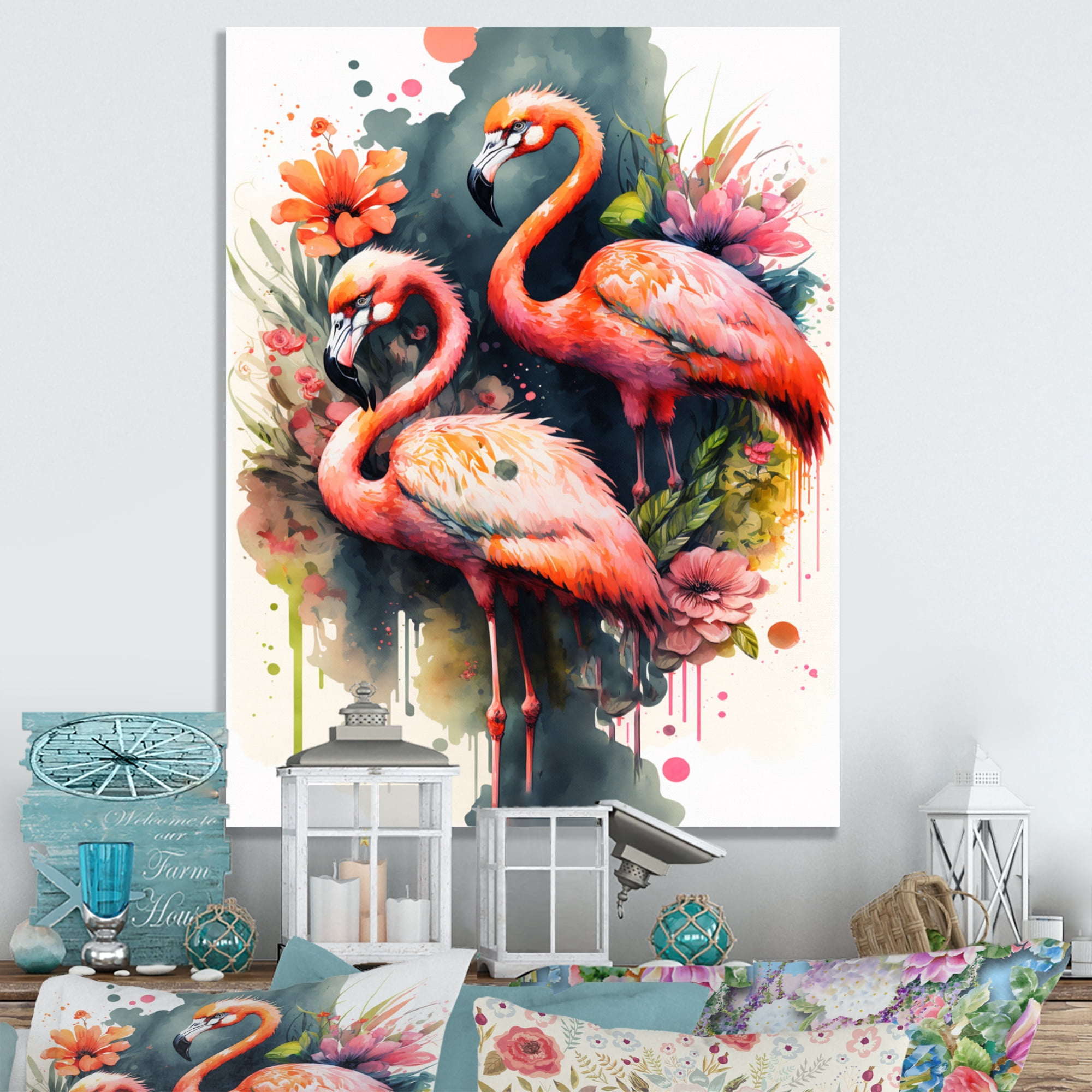 Designart Cute Flamingos Floral Art II Canvas Wall Art