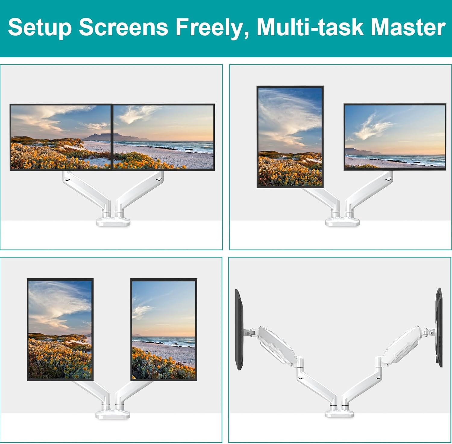 Dual Monitor Mount Fits 13 to 32 Inch Screen, Height Adjustable Monitor Stand for 2 Monitors, Full Motion Display Arm Holds  to 17.6lbs Each, Computer Desk VESA Mount, White