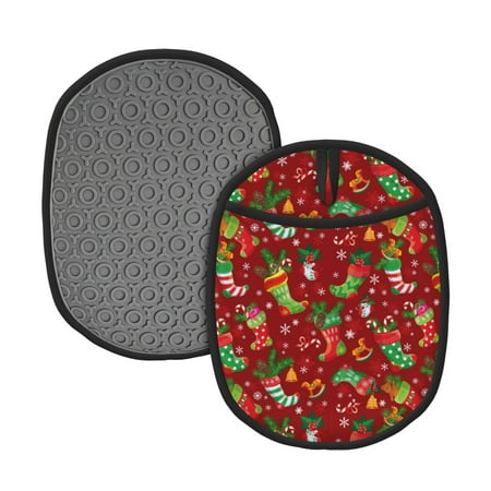 

Qekee X-mas and New Year Pattern Silicone Pot Holders Oven Mitts Heat Resistant Hot Pads Non Slip Pot Holder Towel Cloth Interior Lining