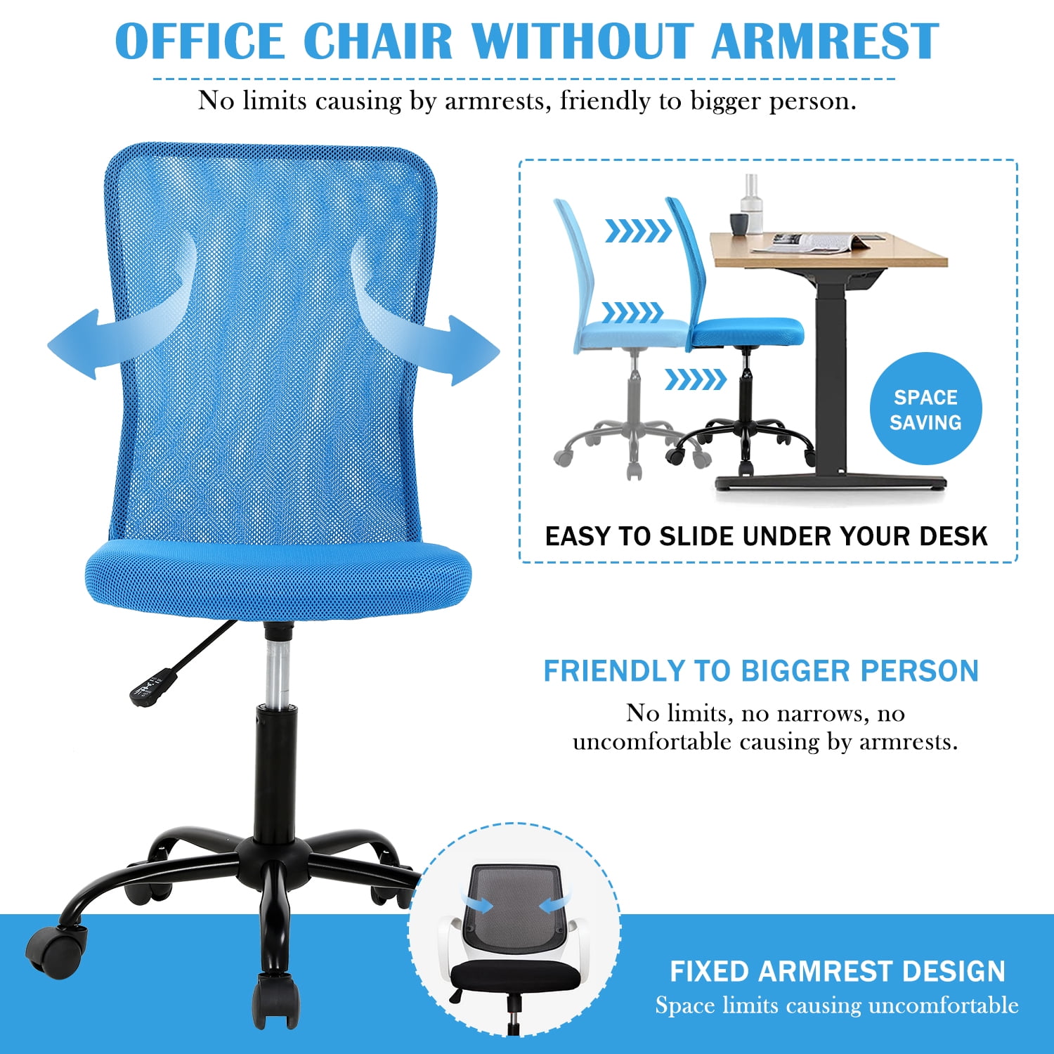 NiamVelo Mesh Office Chair Ergonomic Computer Desk Chair with Lumbar Support, Adjustable Swivel Rolling Chair Armless for Adult, Blue