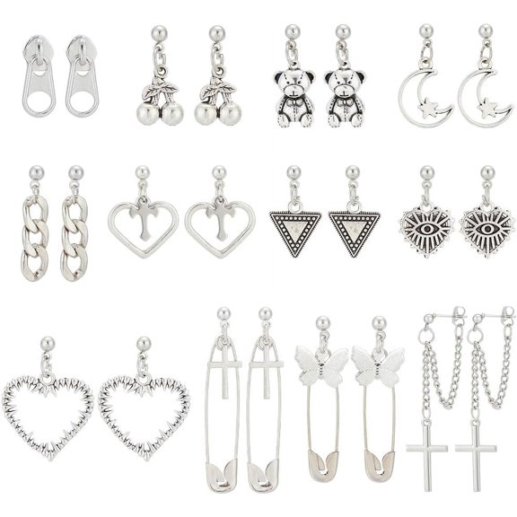 12 Pairs Grunge Stud Earrings Silver