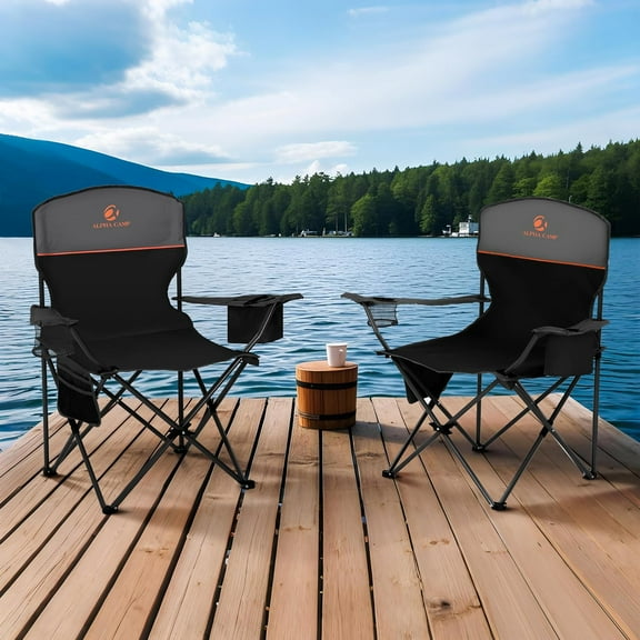 2-Pack Camping Chair with Cooler & Cup Holder, Portable Folding Outdoor  for Beach Fishing