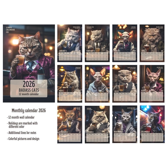 Calendrier Mural pour Chats Badass 2026 Calendrier Mural