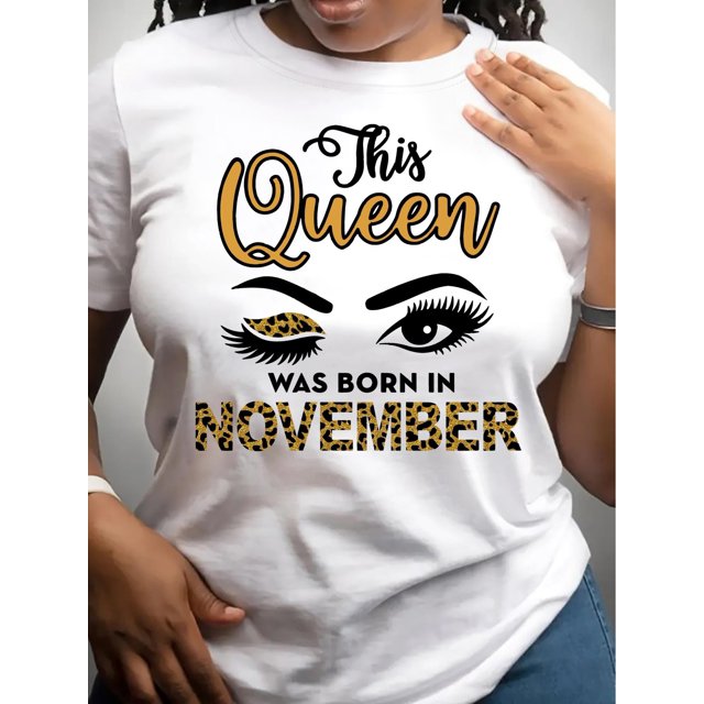 This Queen Was Born in November" Leopard Print Eye Graphic T-Shirt - Casual Crew Neck, Short Sleeve, Women's Top, Machine Washable