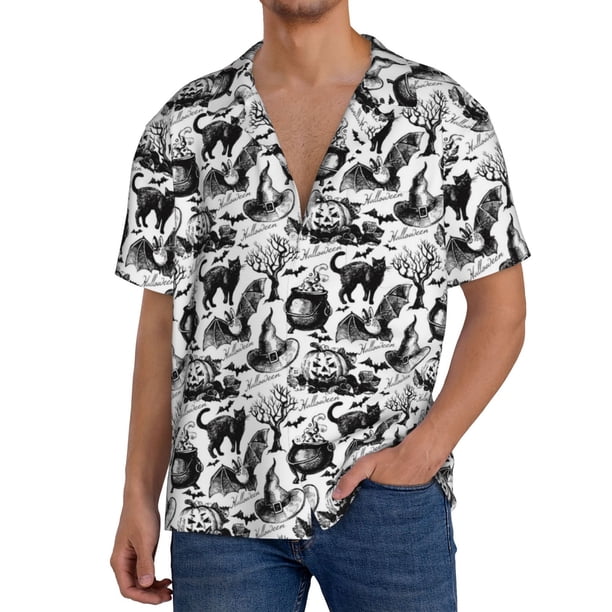 Fotbe Black White Halloween Camisa Estampada de Manga Corta para Hombre, Casual de Verano, Estilo Playero, Sin Arrugas-Small
