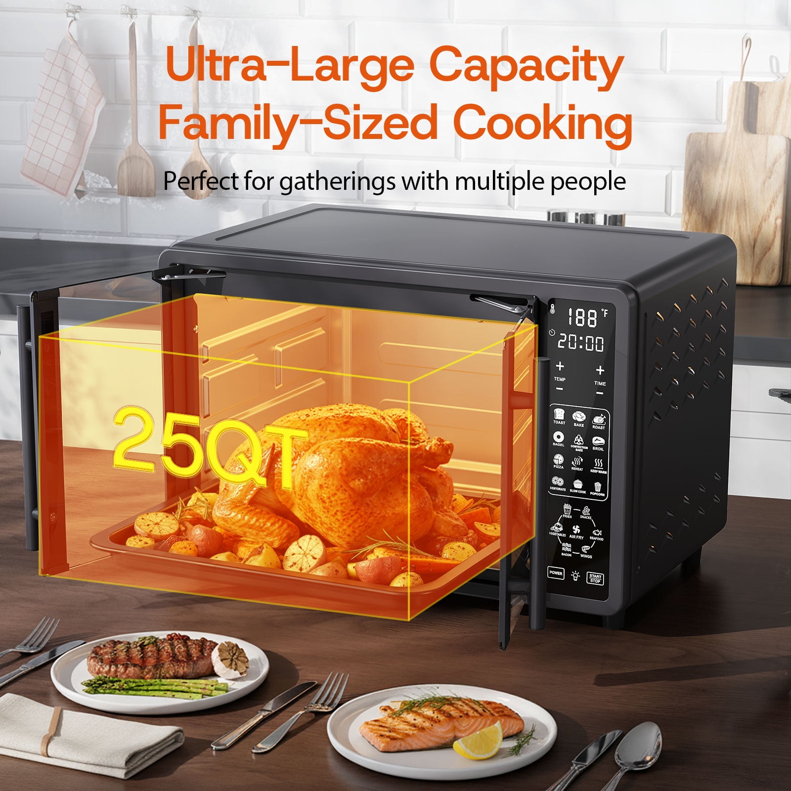 25 QT French Door Air Fryer Toaster Oven Combo, Bake, Broil, Roast, 19 Cooking Functions and Digital Controls, NTC Precise Temp Control, 1700W Heating