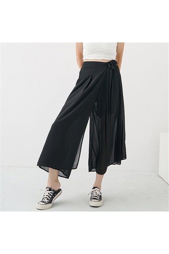 Womens Plus Size Casual Wide Leg Pants Chiffon Pleated Long Solid Color Skirt Pants For Summer Beach Daily Flowing Elegant Wear