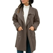 eccomum Women Winter Coat Spread Collar Side Pockets Open Front Windbreaker Loose Casual Warm Cardigan Overcoat