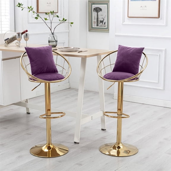 Adjustable 2 PCS Bar Chair, 360 Degree Rotation Kitchen Chairs with , Velvet Chairs with Golden Metal Leg and Footrest, Dinning Room Chairs for Home and Bar, A Small Pillow Include, Purple