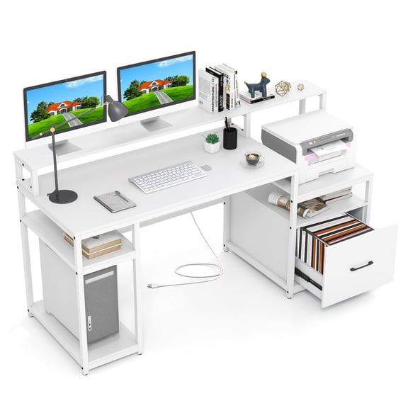 GVN 67Inch Computer Desk with Monitor Stand and File Drawer, Study Writing Table for Home Office, Living Room, Study Room, Bedroom, White