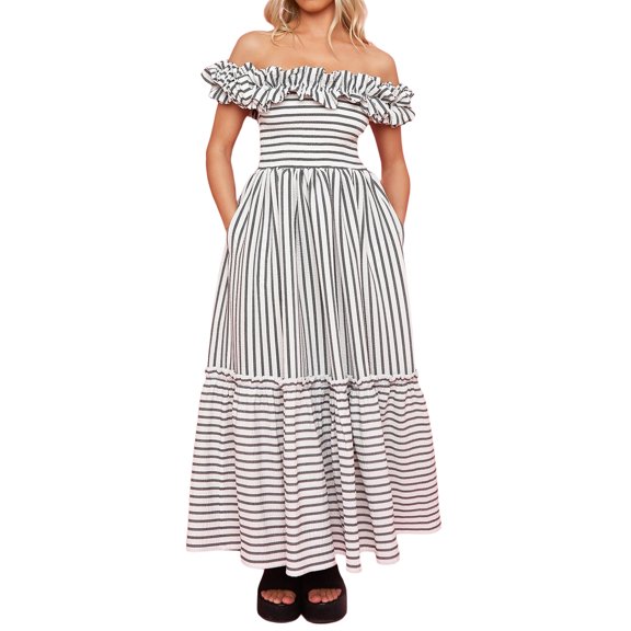 Michellecmm Women Off-shoulder Dress, Sleeveless Striped Long Dress with Pockets
